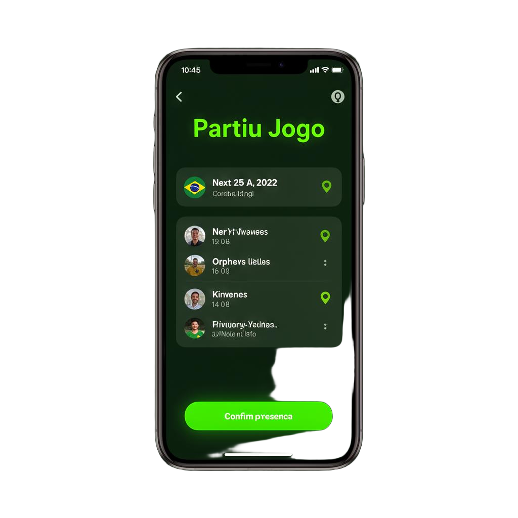 Tela inicial do app Partiu Pelada mostrando próxima partida agendada